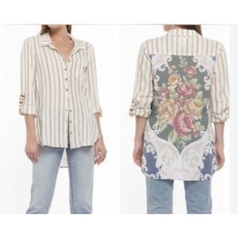 Aratta Silent Journey Small Striped Floral Button Shirt Small Anthropologie